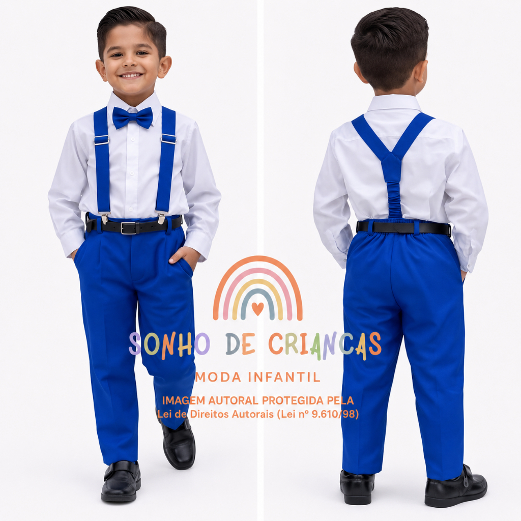 Conjunto Infantil Social Menino Azul Royal com Suspensório Festa Aniversário Formatura Casamento