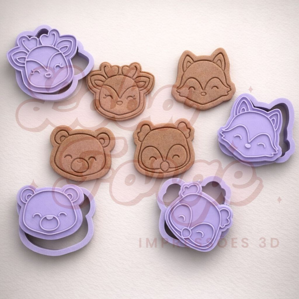 Kit Carimbo e Cortador Biscoito  Animais - Raposa, Coruja, Bambi e Urso