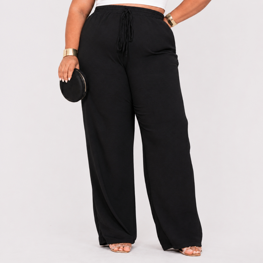 Calça Pantalona Plus Size Feminina Elástico Na Cintura Com Bolso Cintura Alta Tecido Duna — imagem 2 de 2