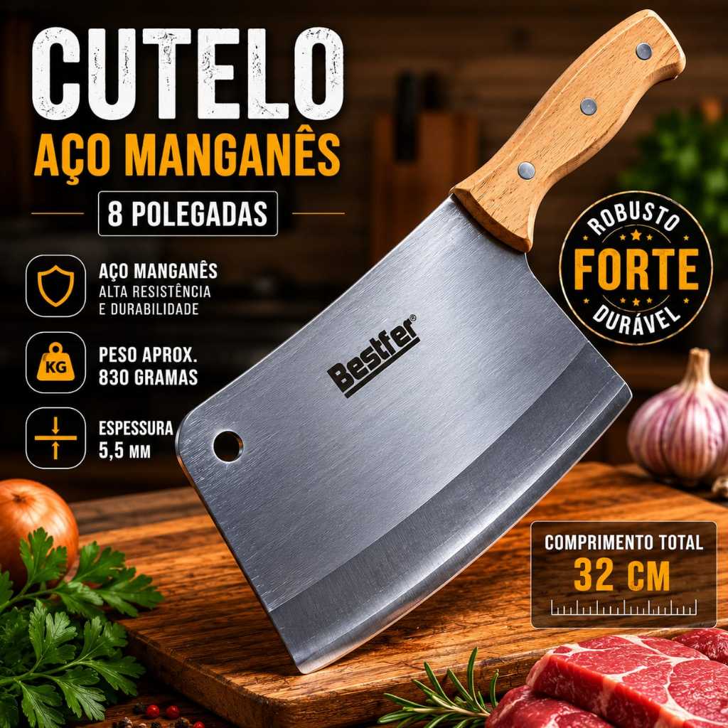 Cutelo Robusto 8" Aço Manganês Profissional Cabo Madeira