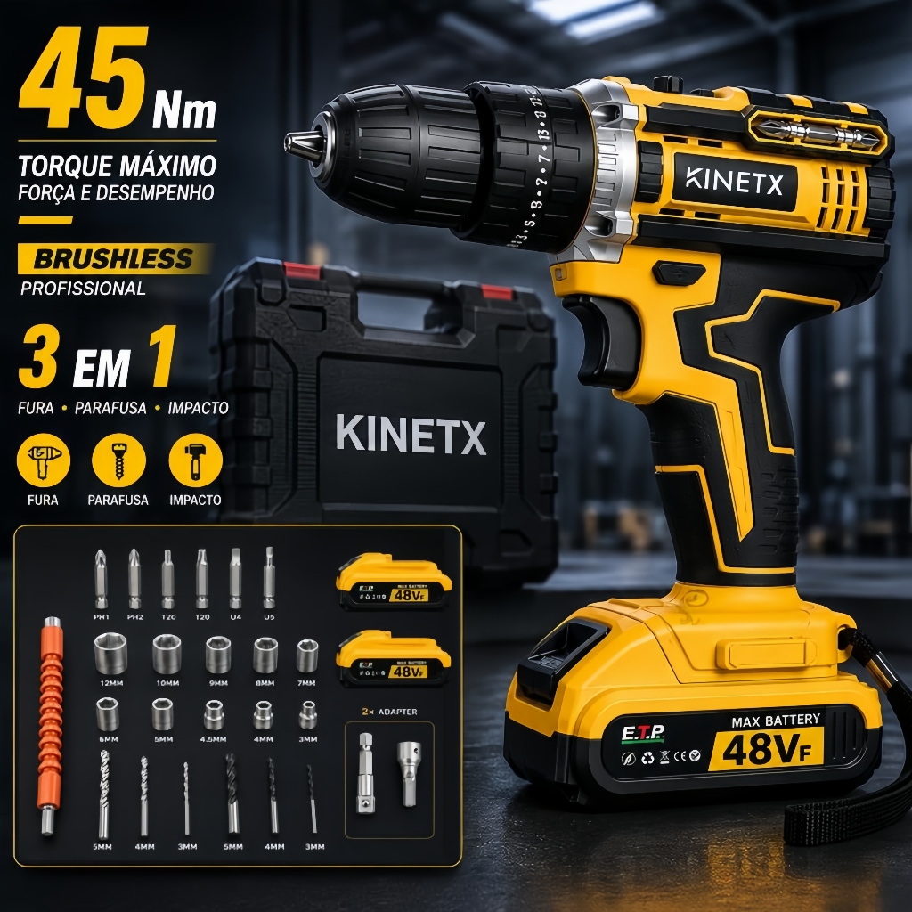 Furadeira Parafusadeira De Impacto 48VF Sem Fio 3 Funções 2 Baterias Kit Completo Com Maleta Bivolt Kinetx