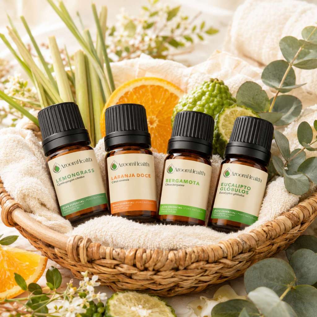Kit 4 óleos essenciais – Laranja  Doce, Bergamota, Lemongrass e Eucalipto 5 ml cada