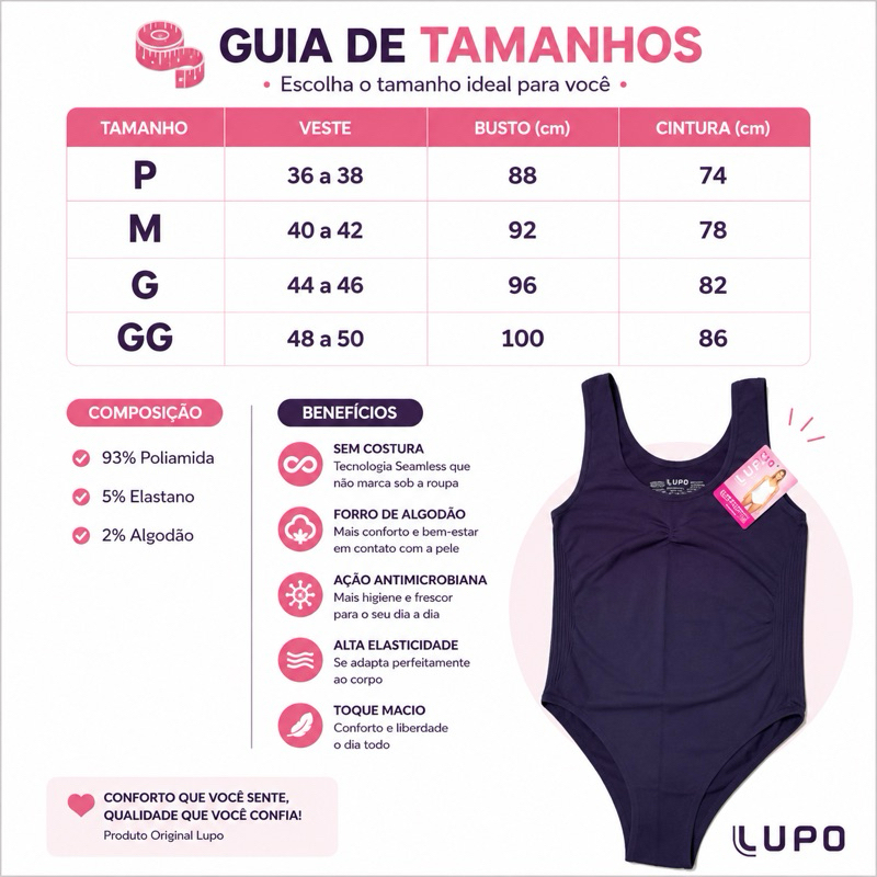 Detalhes do Body Lupo Sem Costura Feminino Original Confortável Forro Antimicrobiano