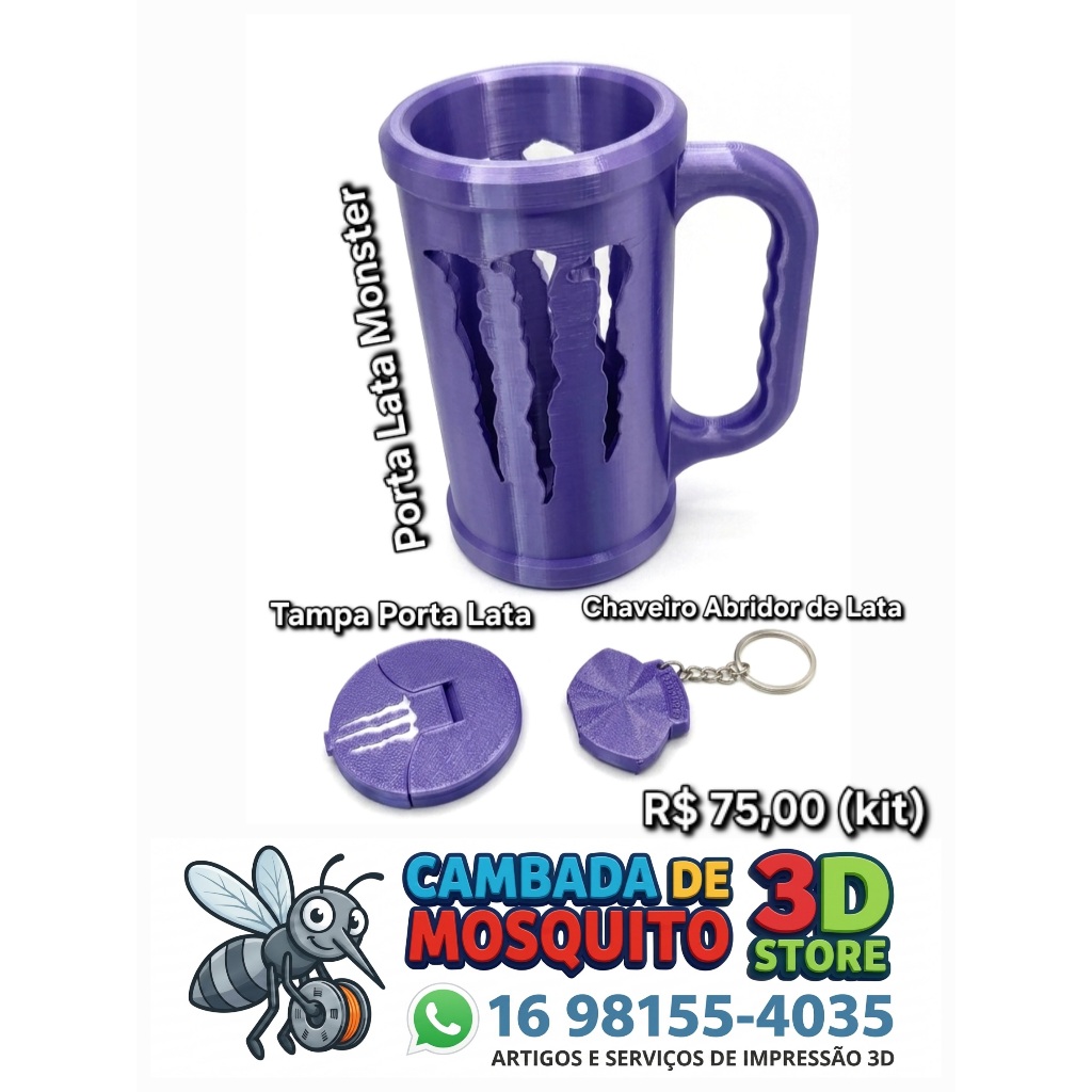 Kit Porta Lata Monster Energy 473ml + Tampa + Abridor (chaveiro) Impressão 3D