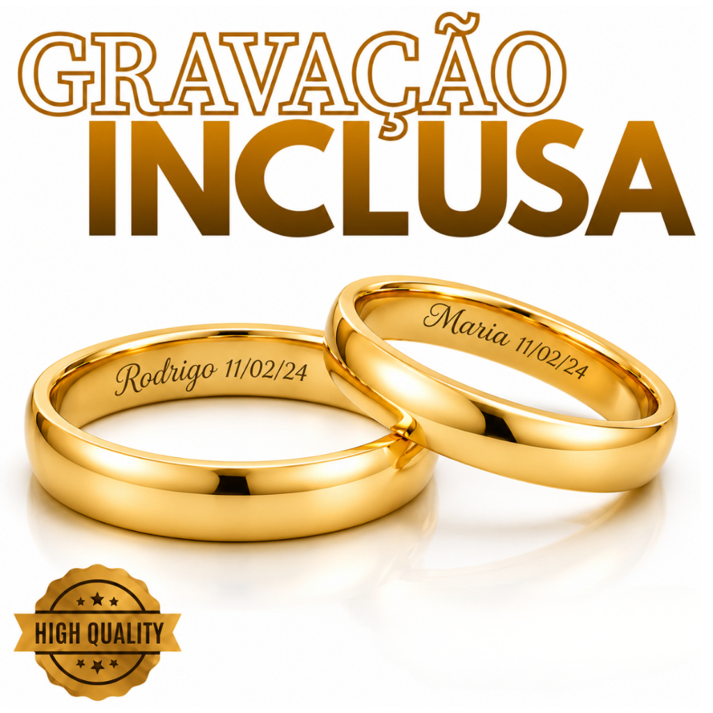 Par de Alianças + Gravação + Anel Solitário 4mm 18k Luxo Noivado Casamento com Caixa Não Escurece Luxo