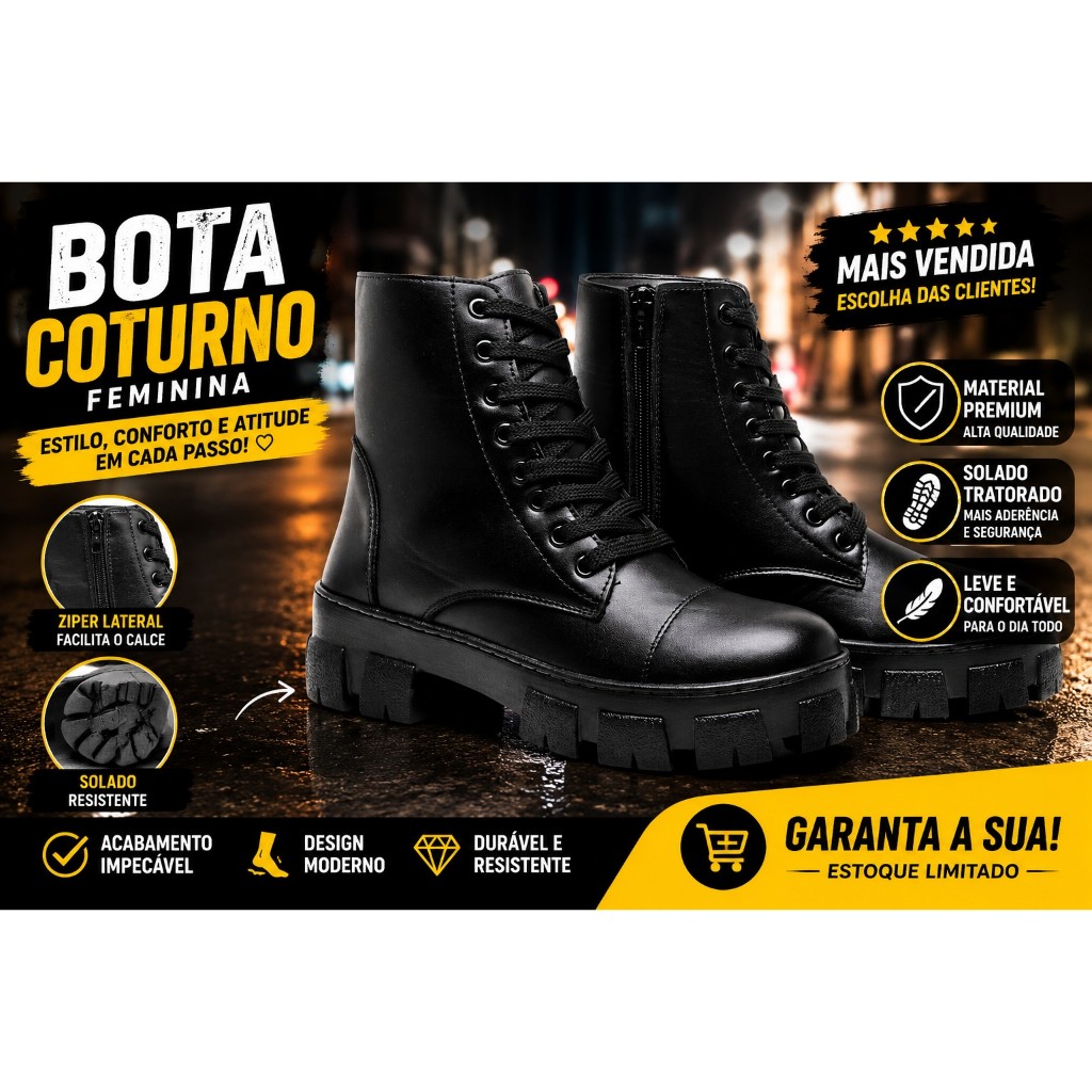 Bota Coturno Feminino Tratorado Preto Couro P.U Cano Médio Estilosa Confortável
