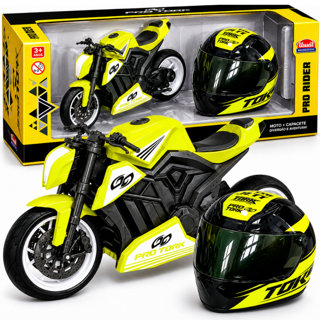 Moto Pro Rider Protork Com Capacete Miniatura Infantil Pneus Emborrachados Suspensão Com Mola