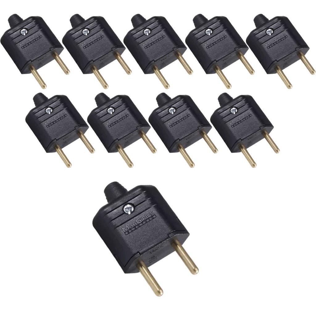 Kit 10 Plugue Conector Tomada Desmontável Macho 2 Pinos 180º de 10A 250V Preto Margirius