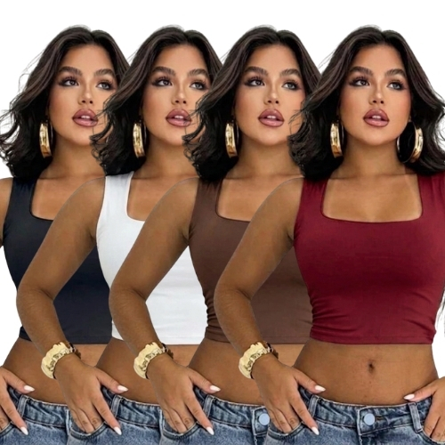 Kit 4 Cropped Regata Forro Duplo Decote Quadrado Suplex Tendência Blogueira Blusa