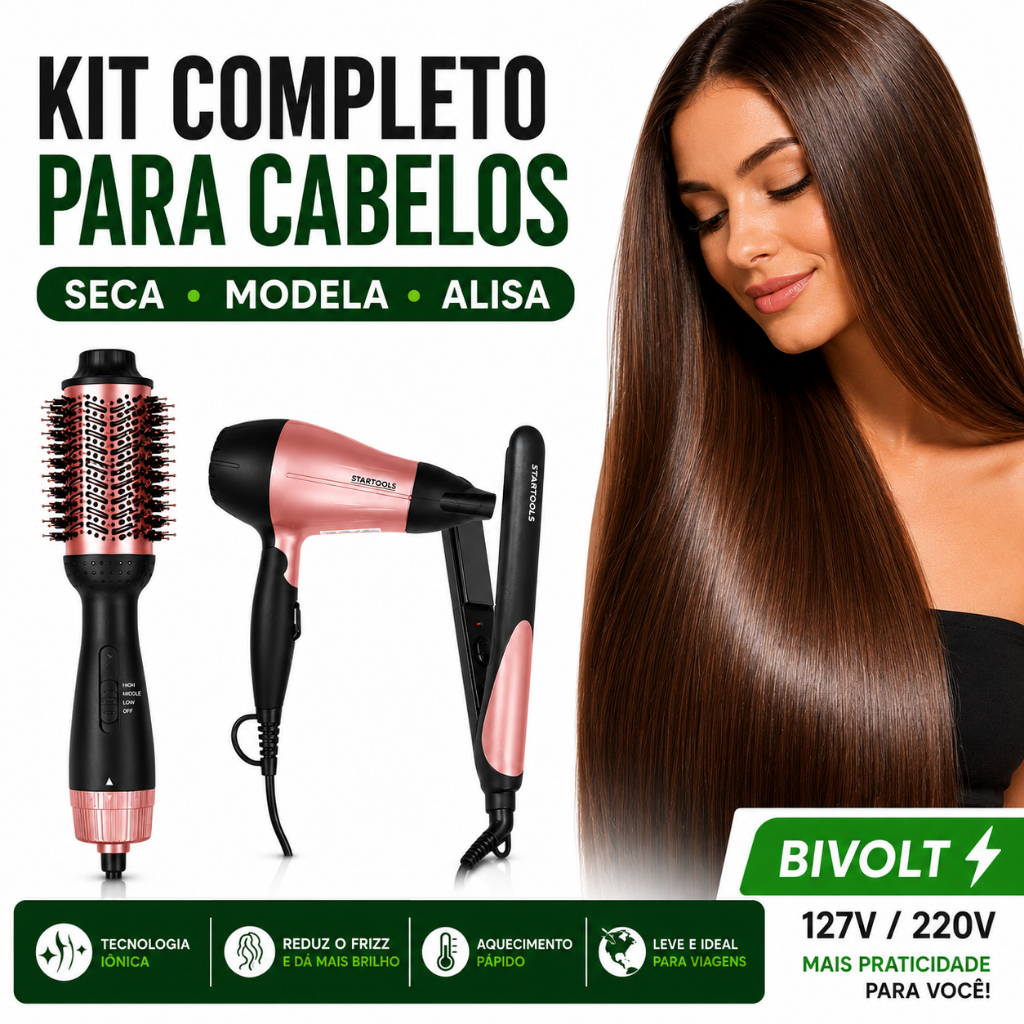 Kit Completo Para os Cabelos  Secador 1200W Escova Secadora Modeladora 1300W e Chapinha 50W Bivolt