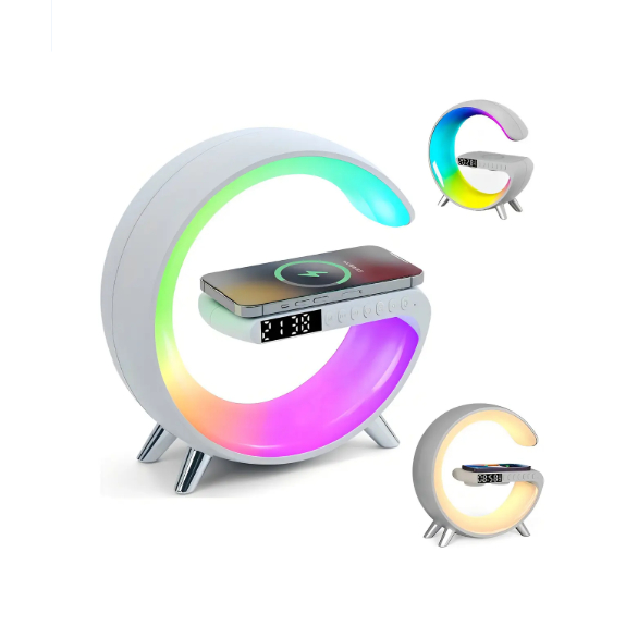 Luminária G LED RGB Bluetooth Relógio Despertador Carregador Sem Fio Wireless
