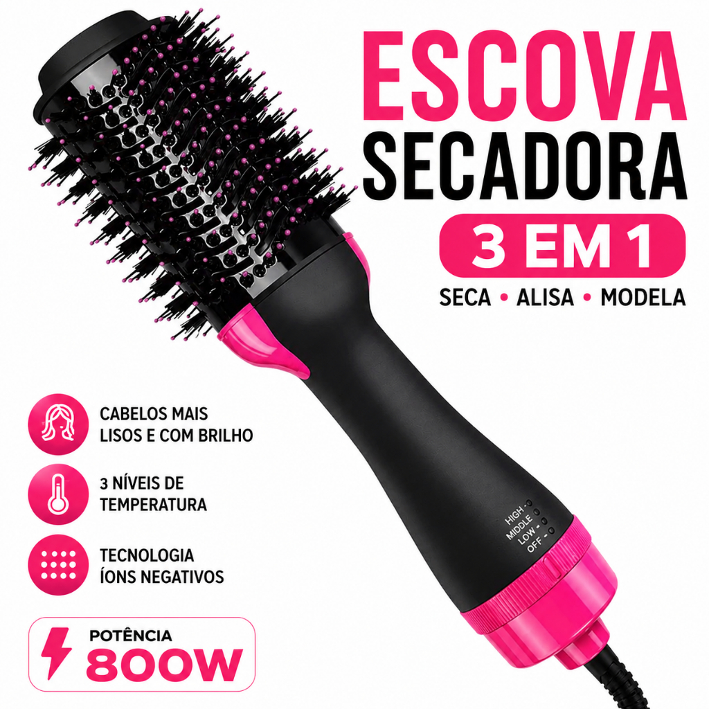 Escova Secadora 3 Em 1 Profissional Seca Alisa Modela Hair Styler 110V Anti Frizz Cabelo Liso Rápido