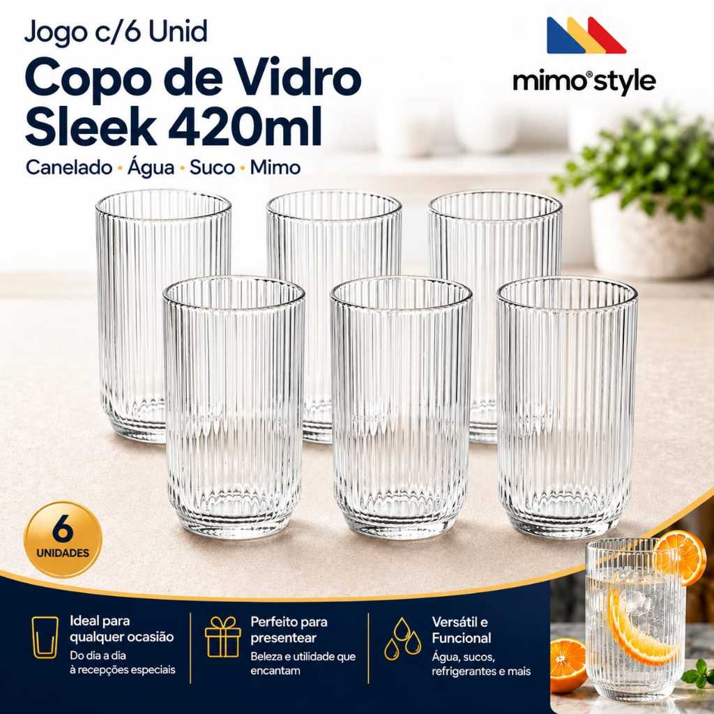Jogo c/6 Unid Copo de Vidro Sleek 420ml Mimo