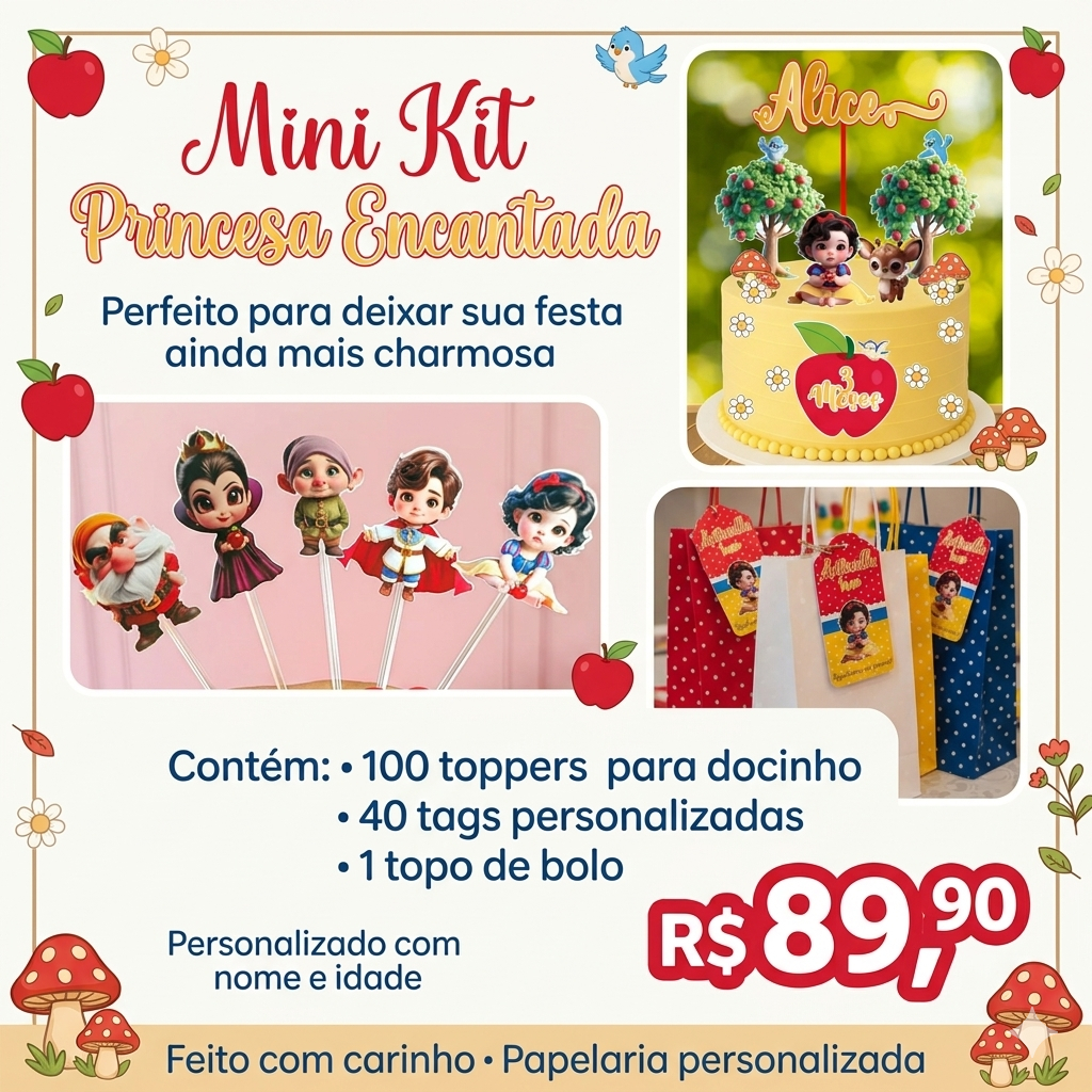 Mini Kit Festa Branca de Neve Personalizado | Topo de Bolo + Tags + Toppers para Docinho | Branca de Neve