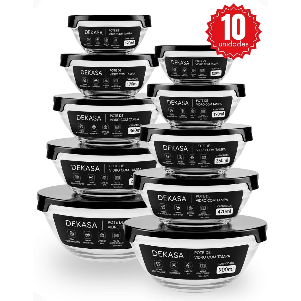 Conjunto 5/10 Potes Redondos Herméticos De Vidro Jogo Completo Organizador De Alimentos