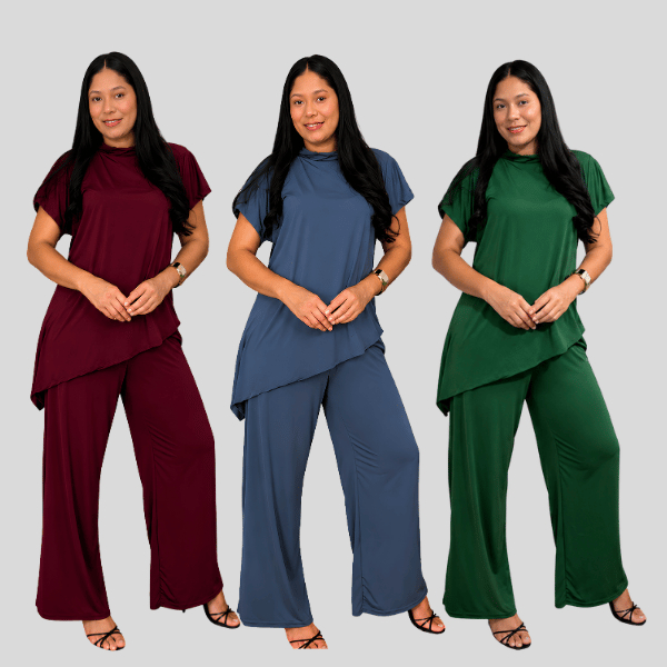 Conjunto Feminino Suede Calça Pantalona e Blusa Assimetrica Elegante Espojado