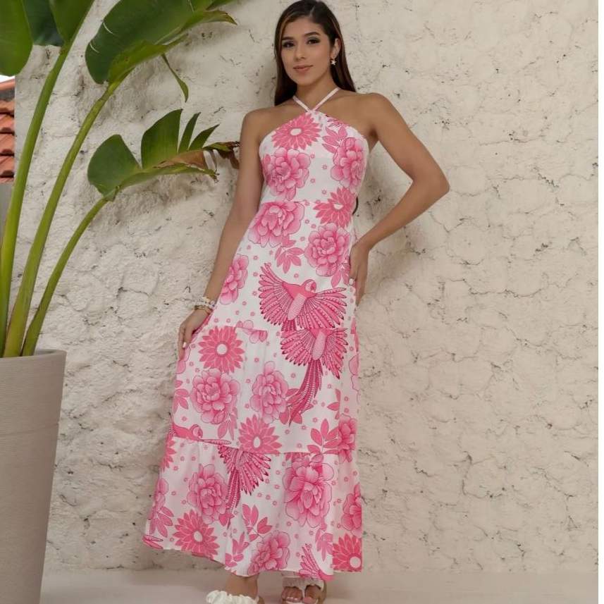 Vestido Longo Juvenil Feminino em Viscose Estampado Floral com Pássaros – Tamanhos 12 ao 16
