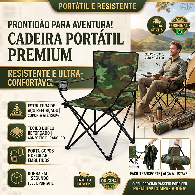 Cadeira dobrável com porta-copos, ideal para pesca, praia e acampamento, com bolsa de armazenamento incluída