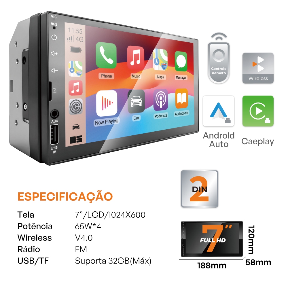 Central Multimídia 2Din Android 7 Polegada Wireless CarPlay Android Auto GPS Navegação Entrada Câmera Ré Controle Volan