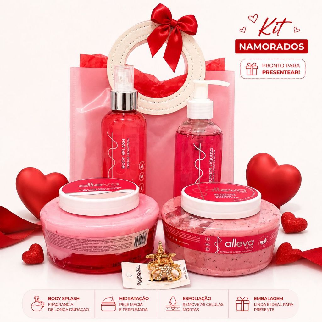 Kit Dia dos Namorados Presente Feminino Body Splash Geleia Hidratante Sabonete Líquido Esfoliante c/ Sacola