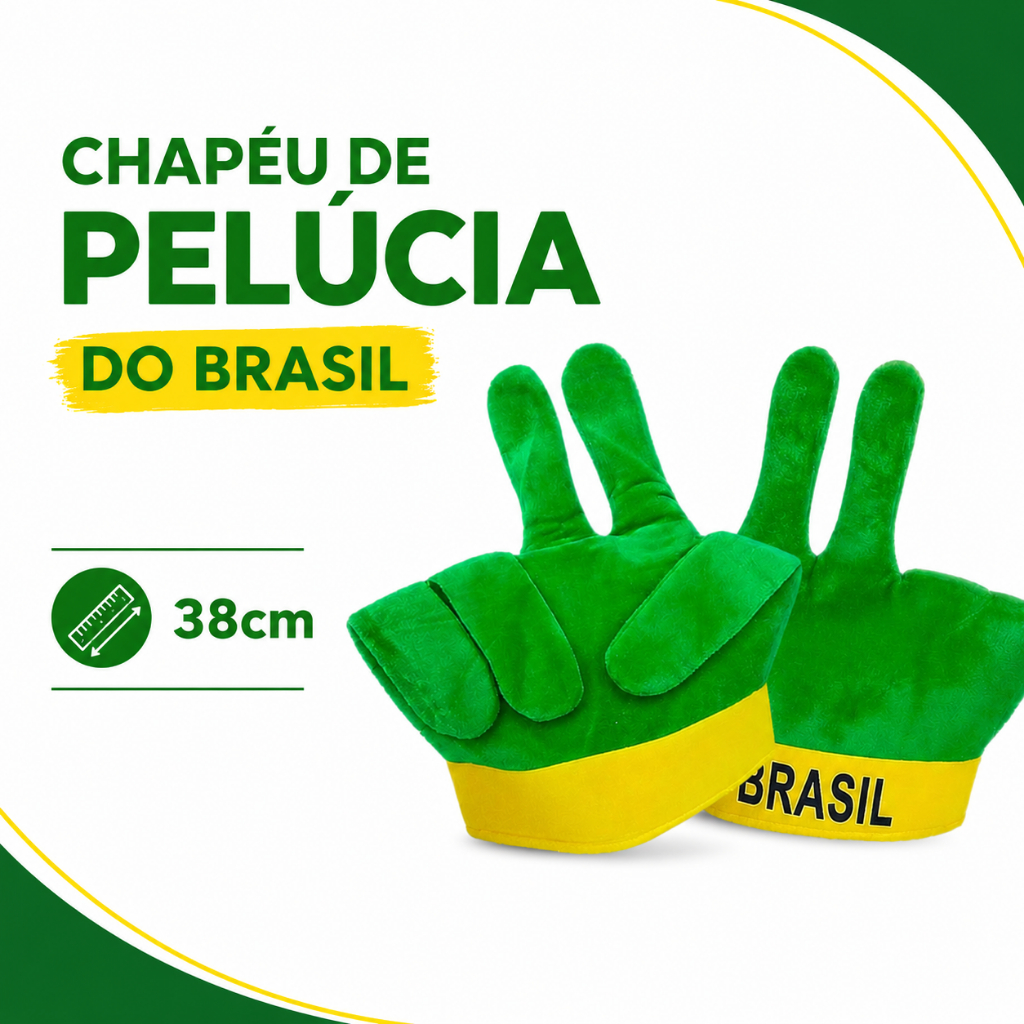Chapeu Mãozinha 38cm Acessório Torcida Cartola Copa Festa Do Brasil De Pelucia Verde Amarelo