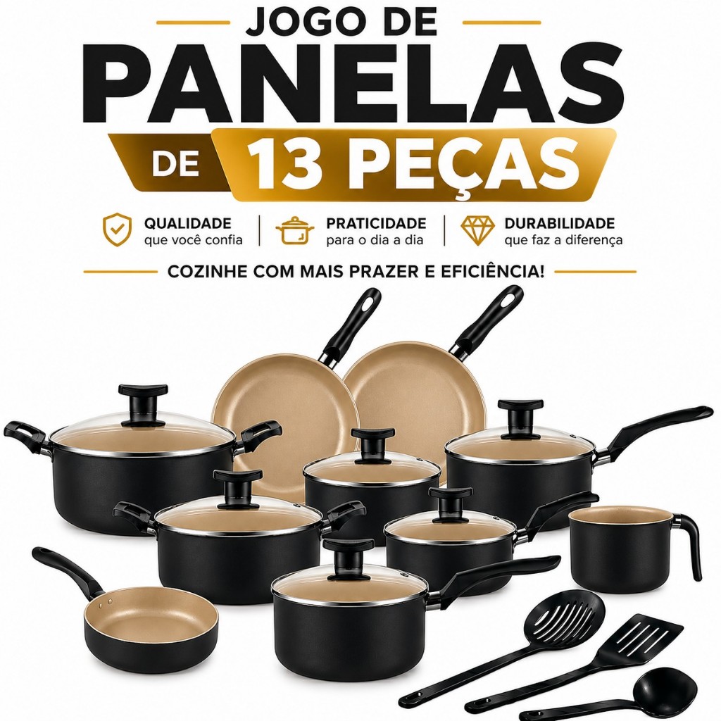 Jogo De Panelas 13 Peças Antiaderente Teflon Tampa Vidro Frigideira Talher