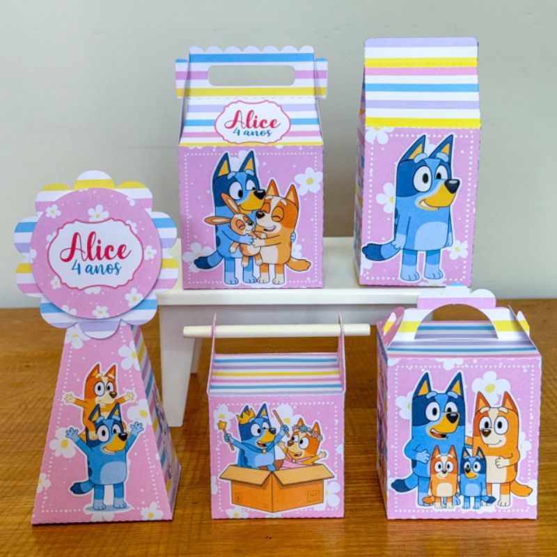 Pegue e monte kit festa Personalizada Bluey menina. Decoração, sacolinha bluey rosa, caixinha lembrancinhas Bluey