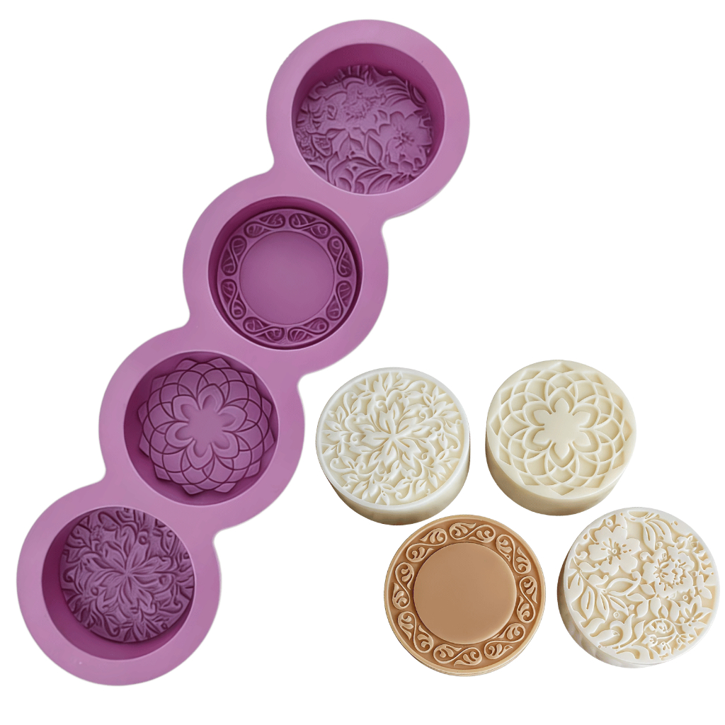 Molde De Silicone Sabonete Artesanal 90g Forma Redonda 4 Cavidades Desenhadas Arabesco Saboaria DIY