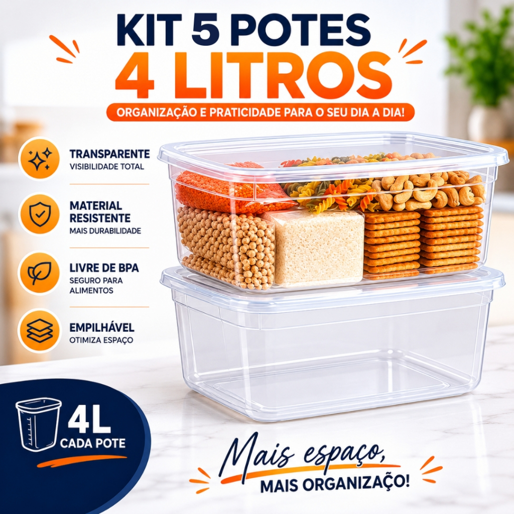 Kit 5 Potes Organizadores 4L Transparentes Retangular para Geladeira Freezer Microondas