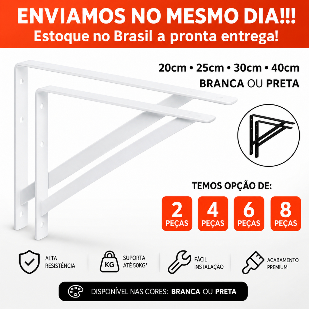 Mão Francesa Suporte para Prateleira Cantoneira Reforçada 20cm a 40cm kit c/ Parafusos e Bucha