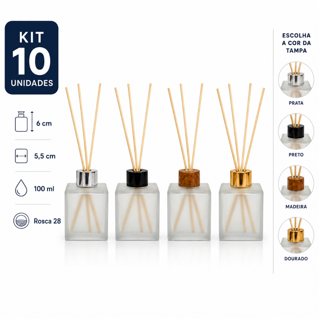 Kit 10 Frascos Difusor Aromatizador Cubo Fosco 100ml Rosca 28 Com 40 Varetas Bambu Tampa Escolha