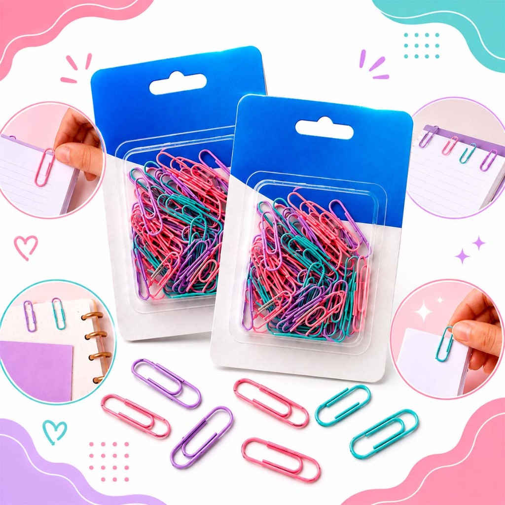 Kit 60/120 Clips Coloridos Pastel 28mm Metal Resistente Para Papel Escritório Escola Organização