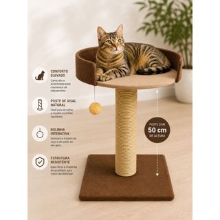 Arranhador para gatos com cama elevada e bolinha interativa poste sisal 50cm cat lounge Premium luxo sisal natural