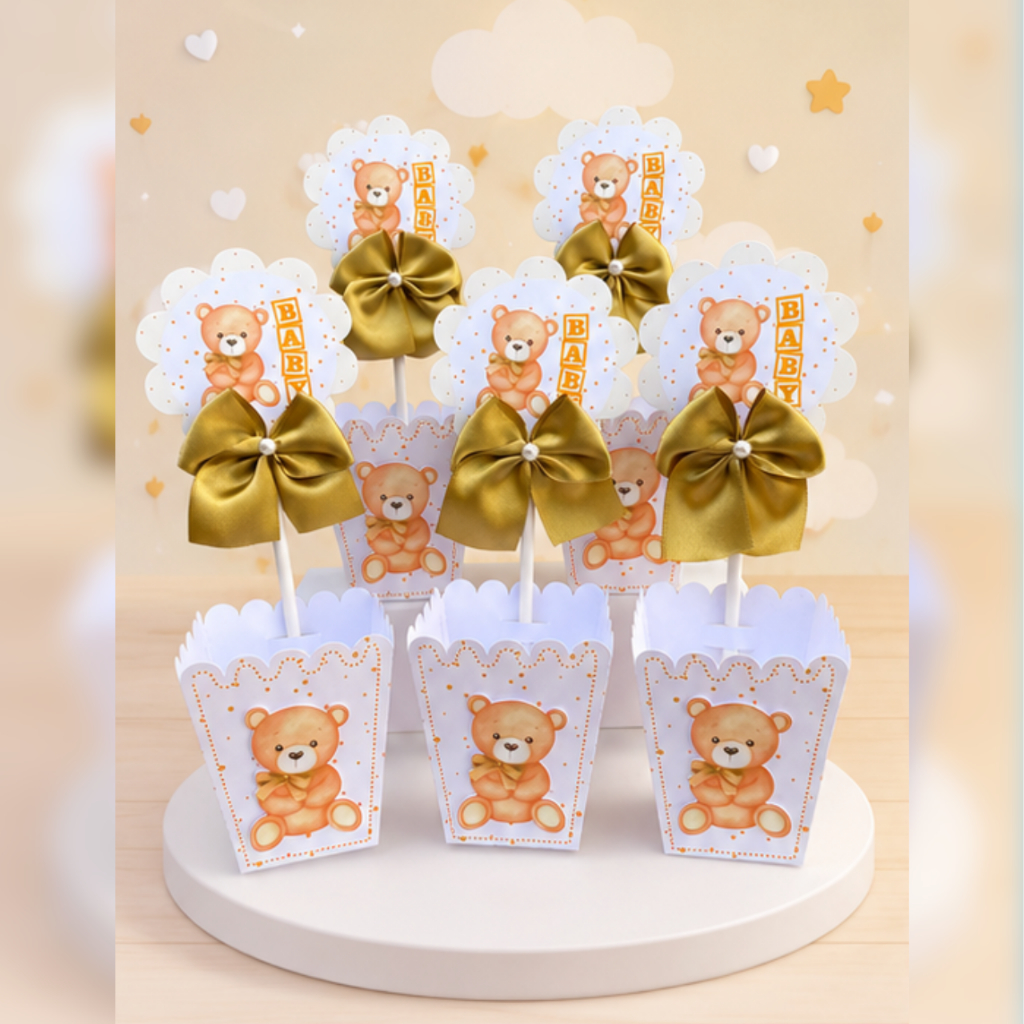 Centro de Mesa Cachepô Chá Revelação Ursinho Dourado / kit 10 Lembrancinha personalizada com laço