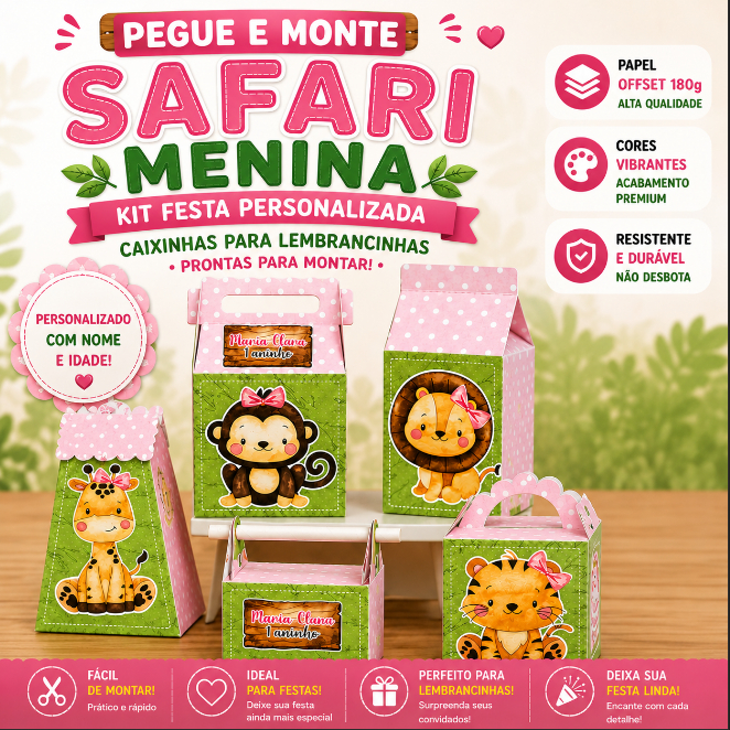 Kit Festa Safari Rosa Personalizado | Festa Infantil