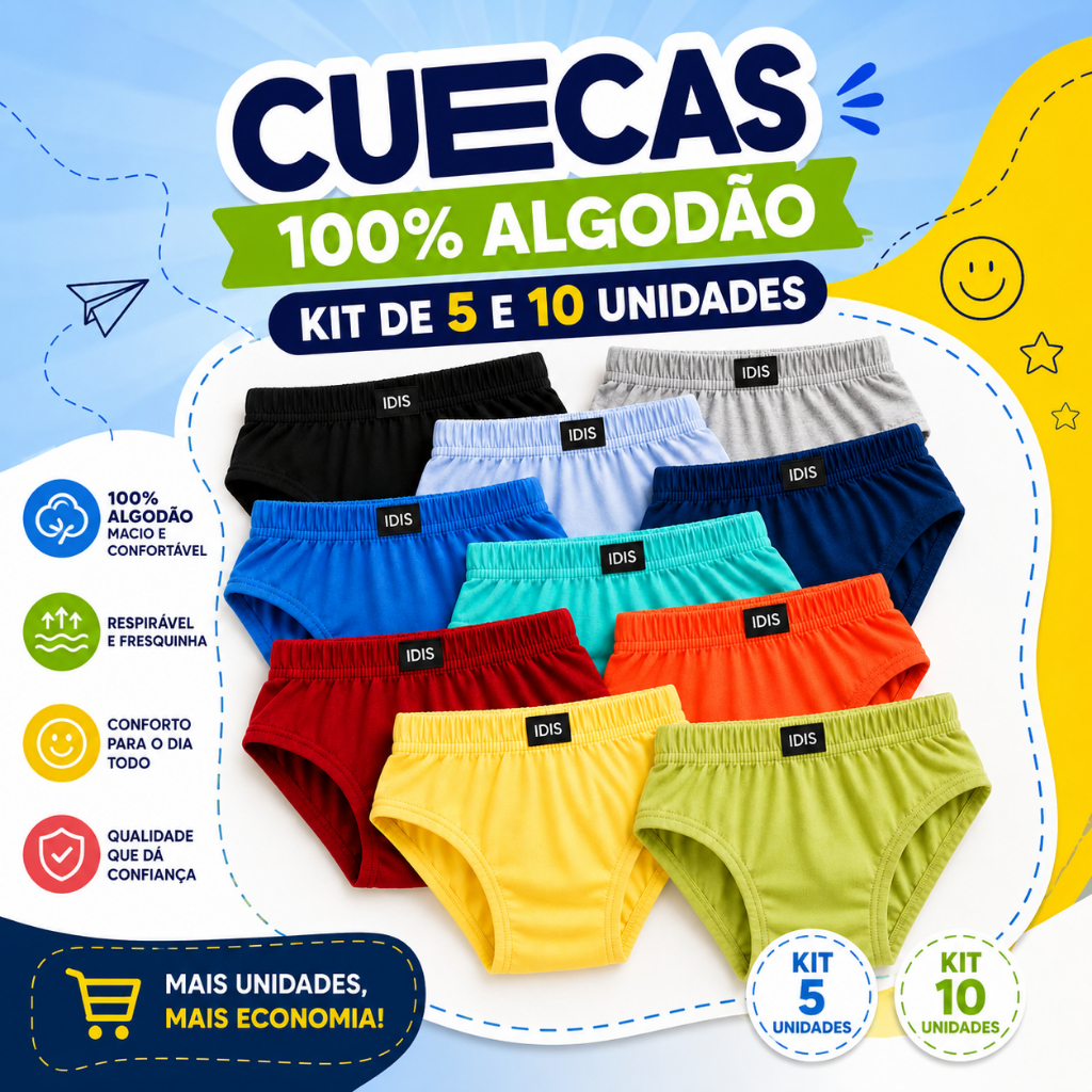 Kit Cueca Infantil Menino 100% Algodão Tradicional Criança Menino 5 ou 10 Unidades Sortidas