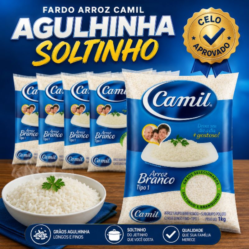 Fardo Arroz Camil Tipo 1 Agulhinha Soltinho 10kg – 10 Pacotes de 1kg | Grãos Selecionados | Arroz Branco Premium