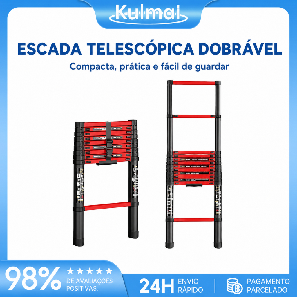 Escada Telescópica Dupla Kulmai 5m 13 Degraus Dobrável Alumínio Uso Doméstico e Profissional