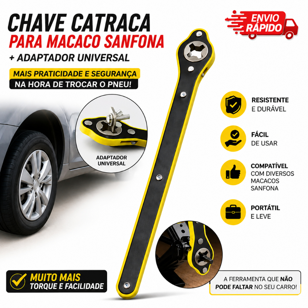 Chave Catraca para Macaco Sanfona de Carro Jack Universal Automotivo Portátil Mecânico + Adaptador