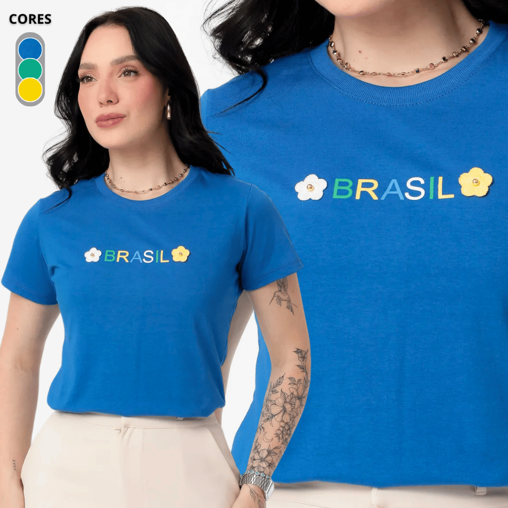 Camiseta Do Brasil Feminina Bordada Lantejoulas 100% Algodão Blusa Copa Do Mundo 2026
