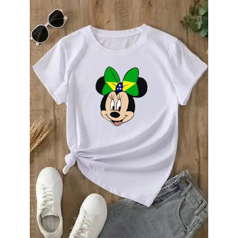 Camiseta Feminina Estampa Laço Brasil 100%algodão Personagem Minnie Super Confortável
