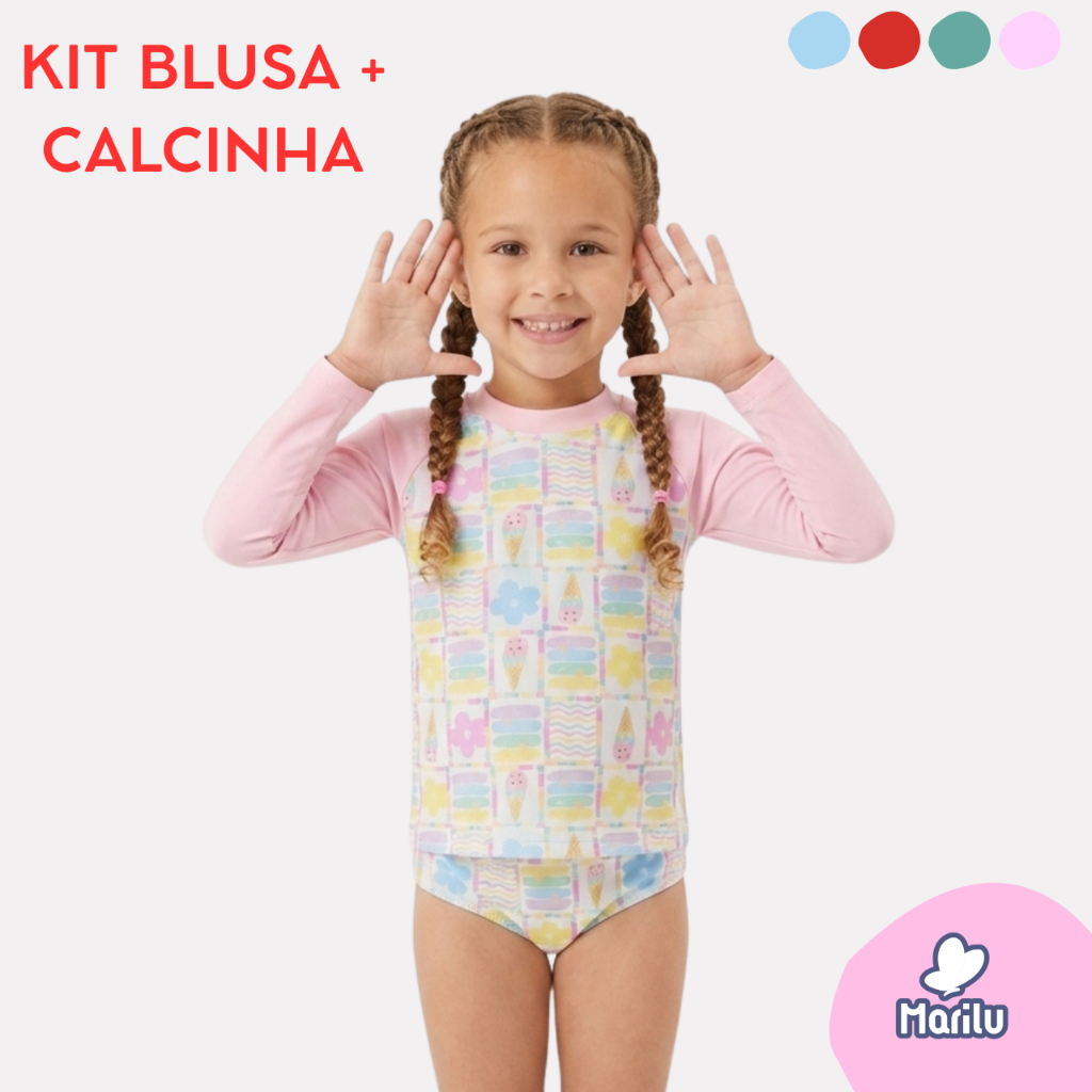 Conjunto de banho praia infantil feminino proteção uv camisa e calcinha piscina solar natação menina estampado