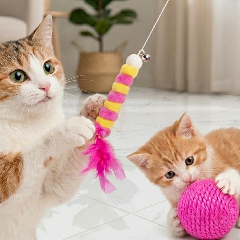 Kit 2  Brinquedos (várias cores)  para Gatos Centopeia Pelucia, Penas e Som ➕ Bola Sisal Som