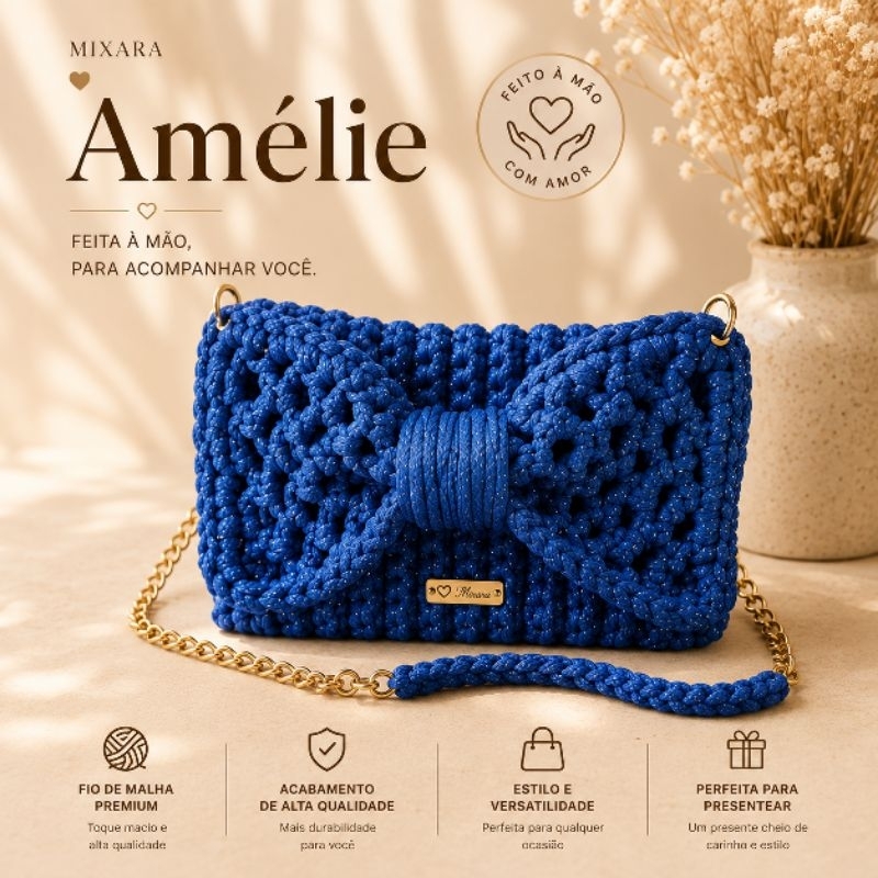 Bolsa Clutch de Crochê Amélie Feminina Artesanal com Corrente Dourada