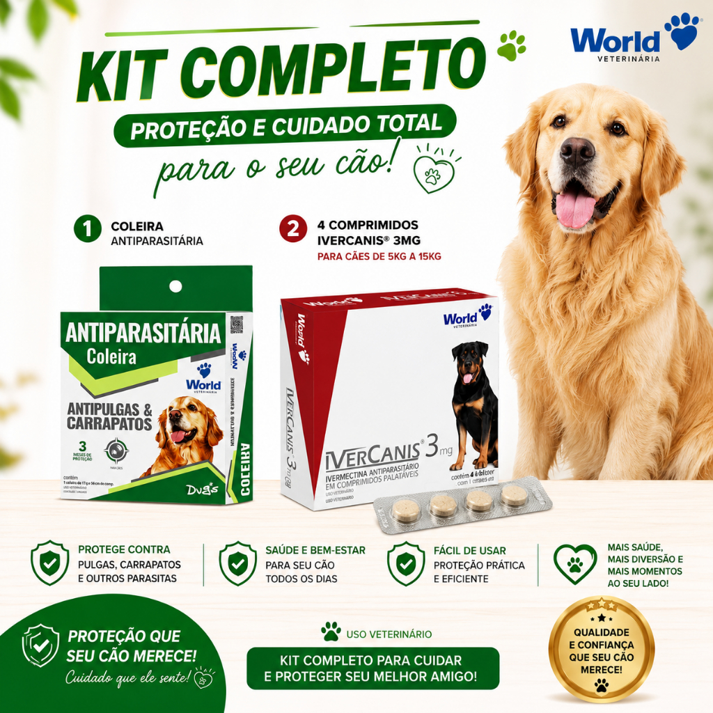 Kit Contra Pulgas, Carrapatos E Sarnas - Coleira Dugs E 4 Comprimidos Ivercanis 6MG - WORLD VET.