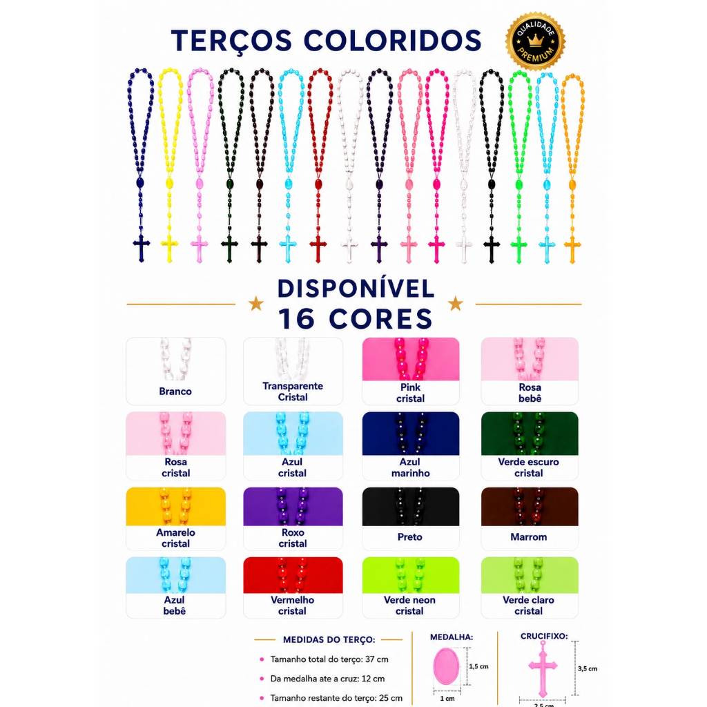 50 unidades - Terço Católico de plástico de pescoço com abertura na medalha 37 cm