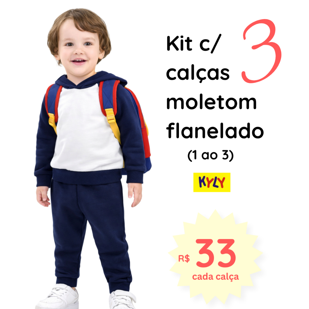 Kit c/ 3 calças infantis moletom flanelado Kyly com punho tamanho 1 ao 3 137036