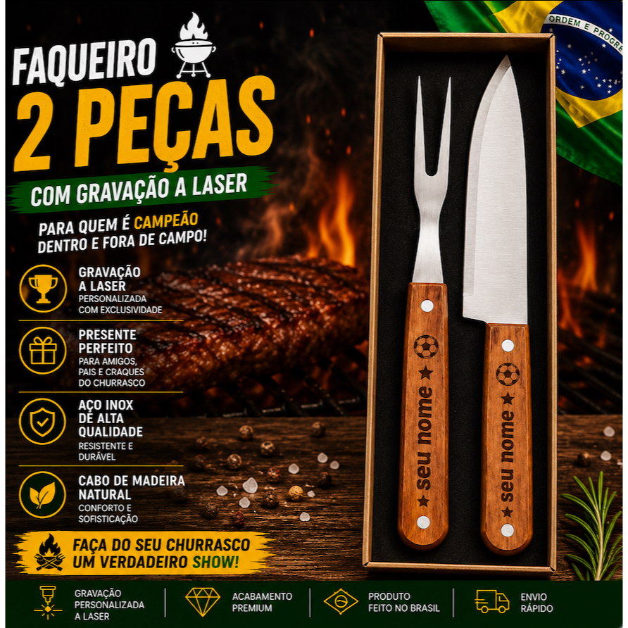 KIT CHURRASCO ESPECIAL BRASIL  PERSONALIZADO,  KIT FAQUEIRO 2 ITENS FACA E GARFO
