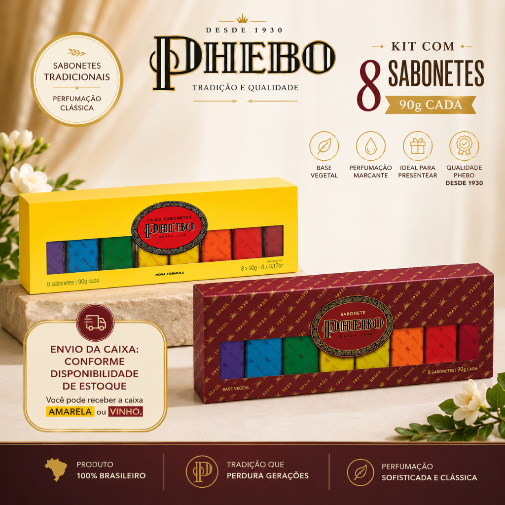 Caixa Sabonete de Glicerina Kit Presente Phebo Amarelo/Vinho 8 unidades de 90g
