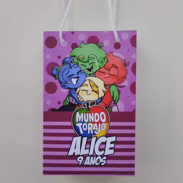 Sacolinha Surpresa Mundo Torajo Roxo Lembrancinha Festa Personalizada Pegue e Monte Tamanho P
